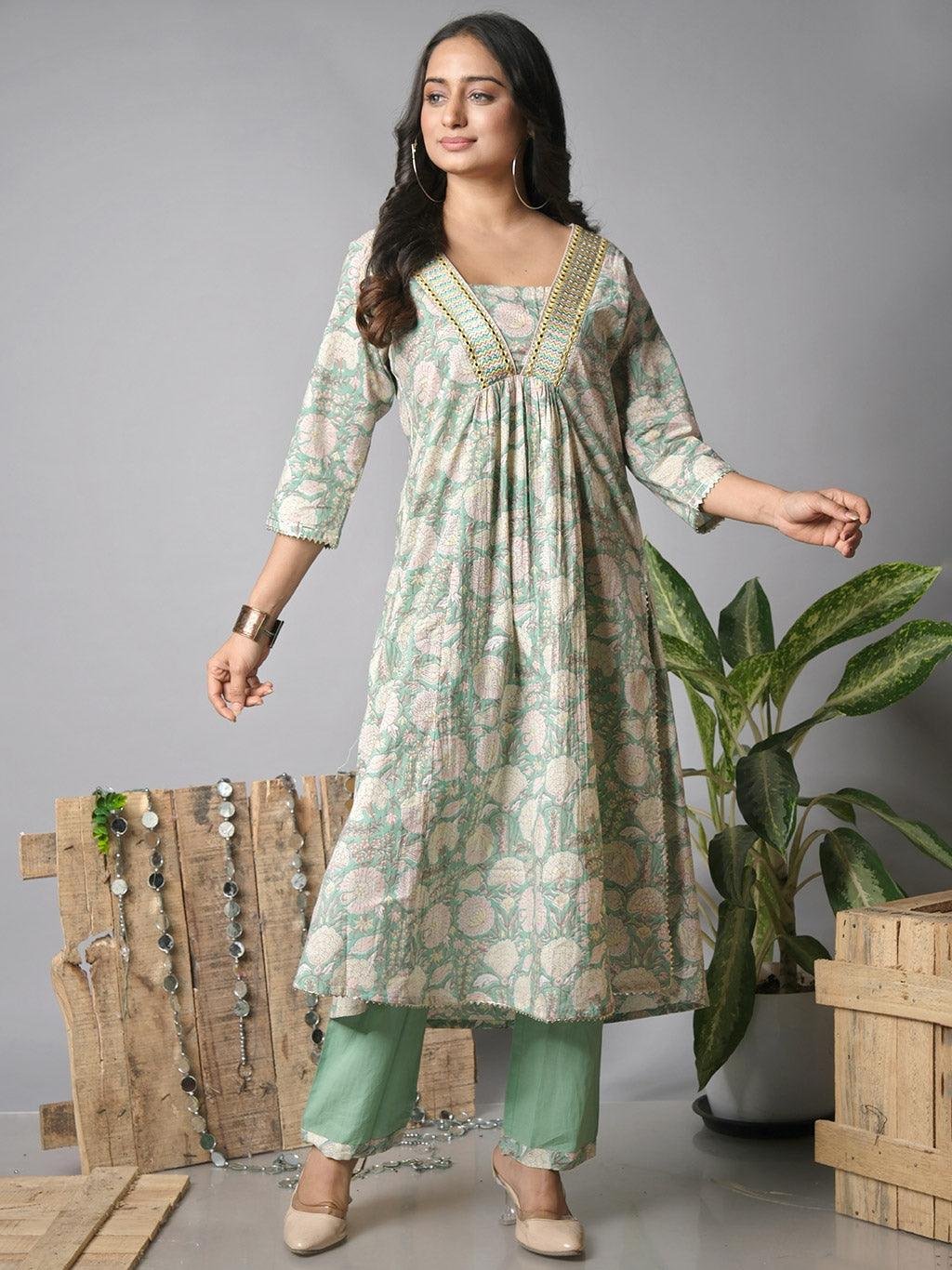 Ekisha's women printed green embroidered cotton kurta and pant set