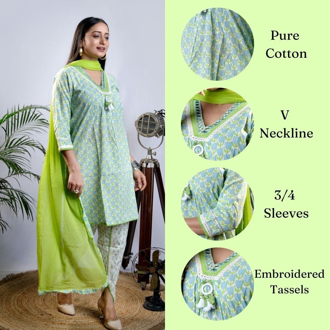 Ekisha's women printed green cotton kurta and dhoti pant set with dupatta
