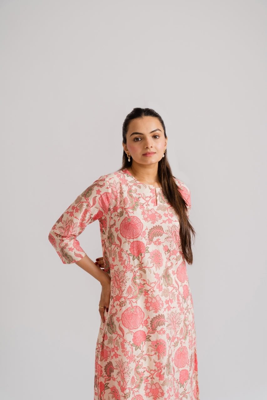 Cream Pink Jaal Floral Block Print Cotton Kurti