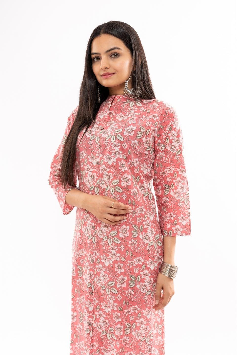 Ekisha women's cotton pink white floral printed straight kurta kurti round neck