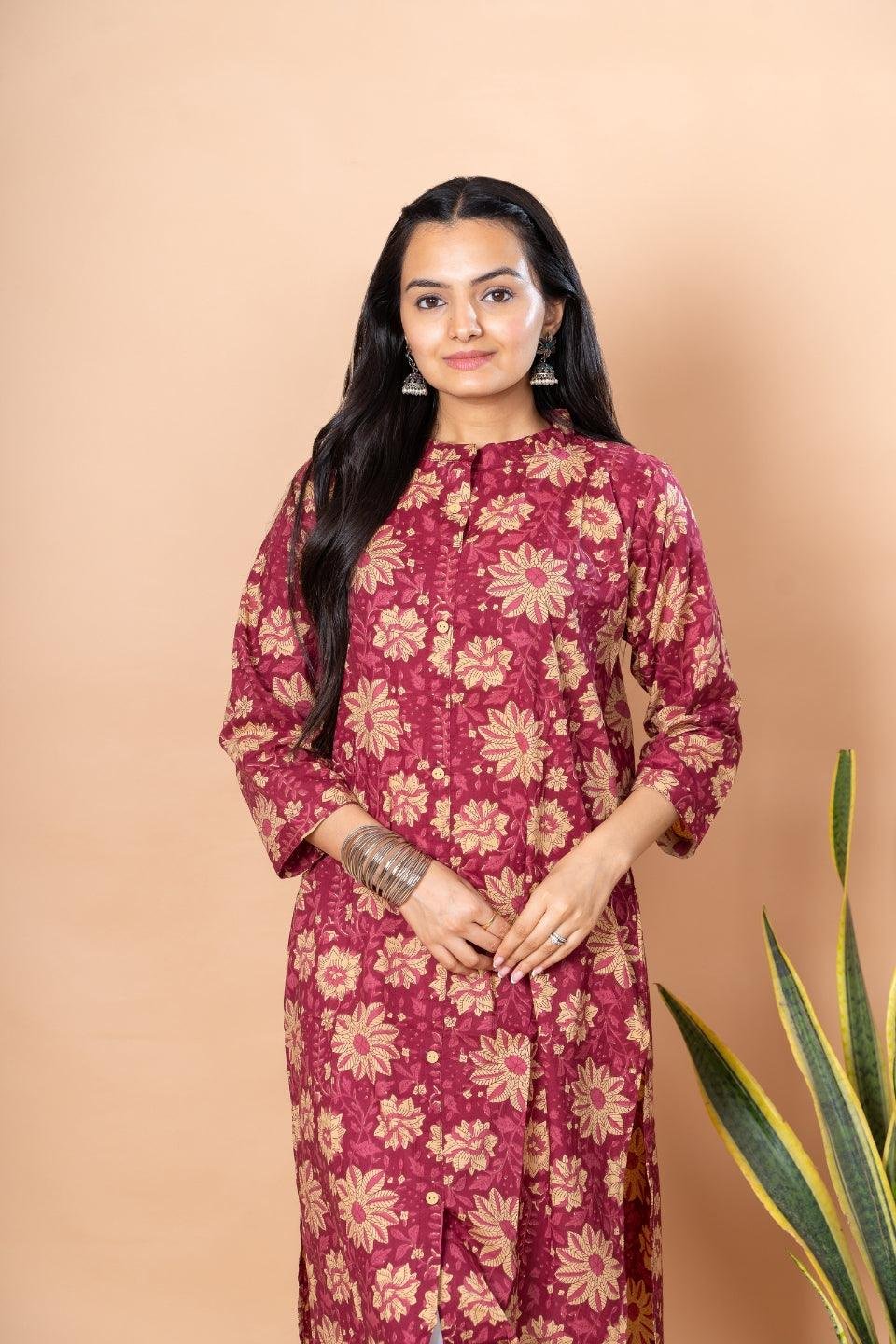 Ekisha women's Maroon designer printed multicolor floral printed straight kurta kurti