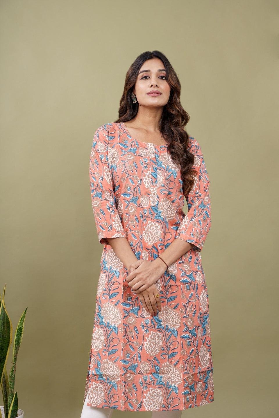 Ekisha women's peach beautiful designer printed multicolor floral printed straight kurta kurti