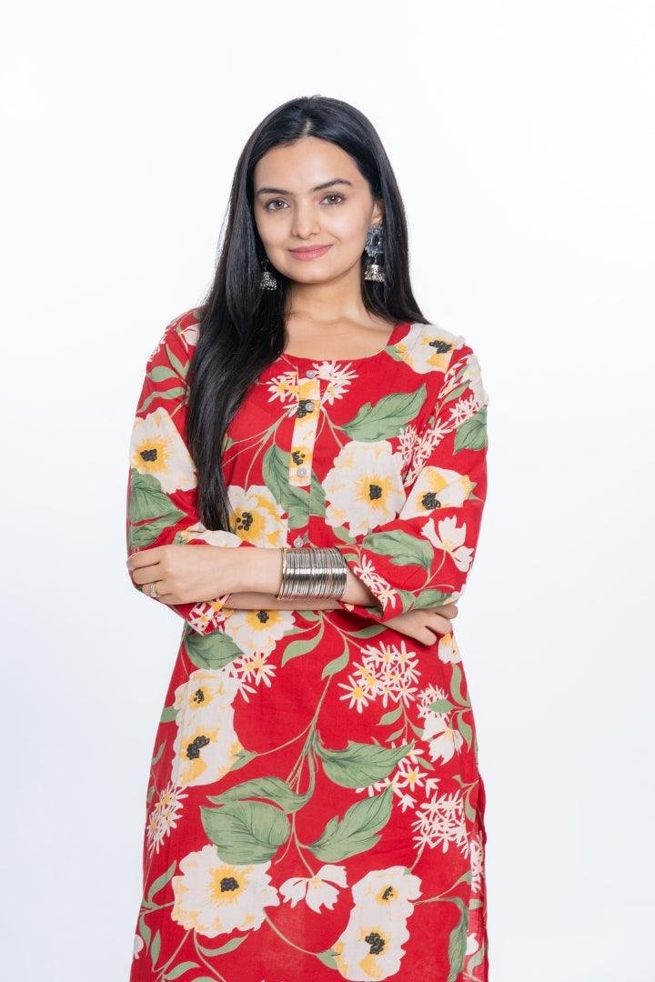Ekisha women's Red bold printed floral printed straight kurta kurti