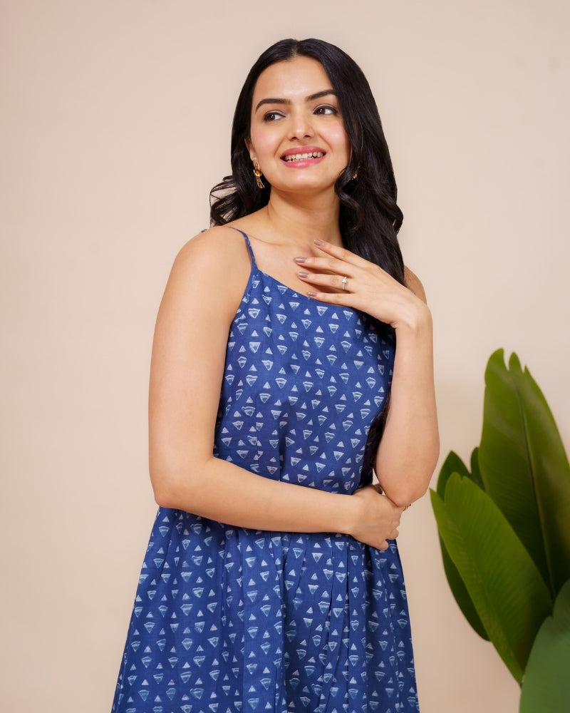 Blue Abstract Printed Sleeveless Cotton Midi Dress for Women