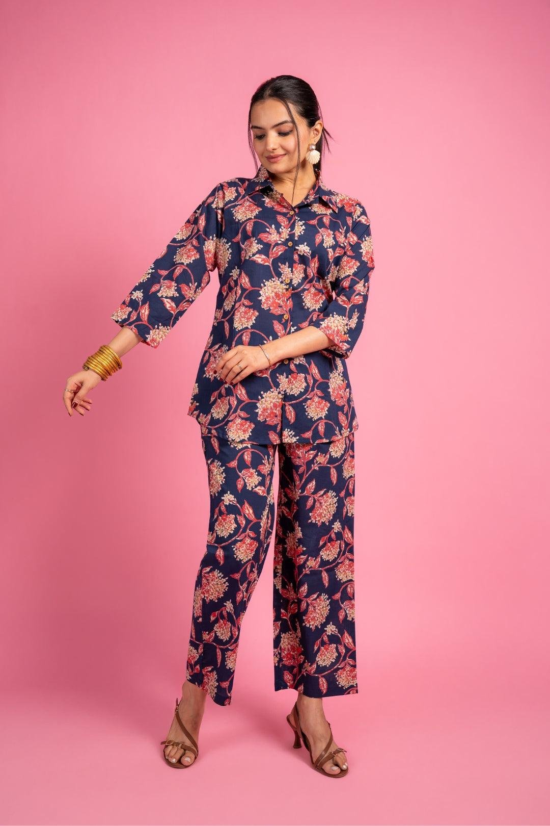 Blue Multicolour Floral Cotton Coord Set for Women | Lounge Wear
