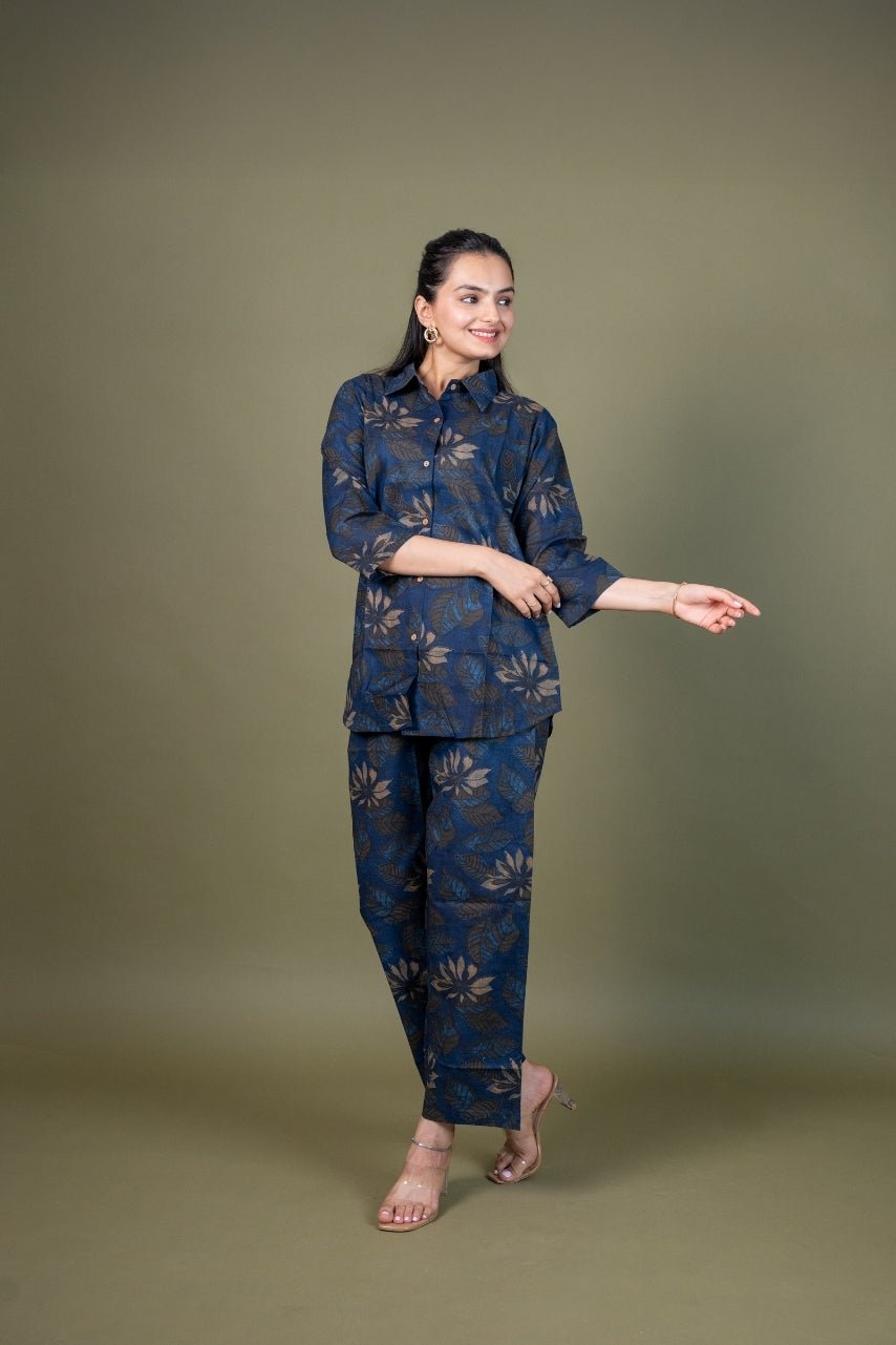 Ekisha's women blue designer floral printed cotton co-ord set lounge wear