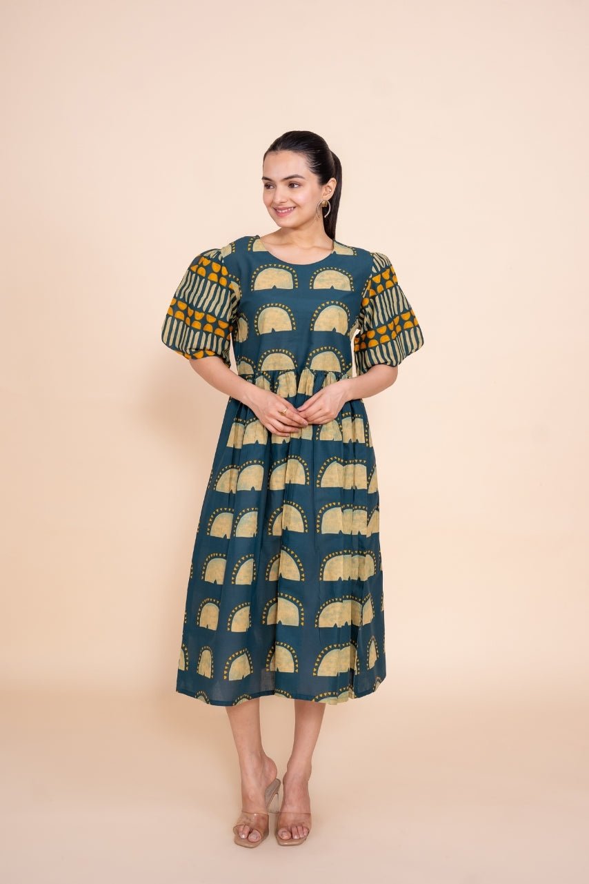 Ekisha's women blue multicolor floral designer printed pure cotton midi dress