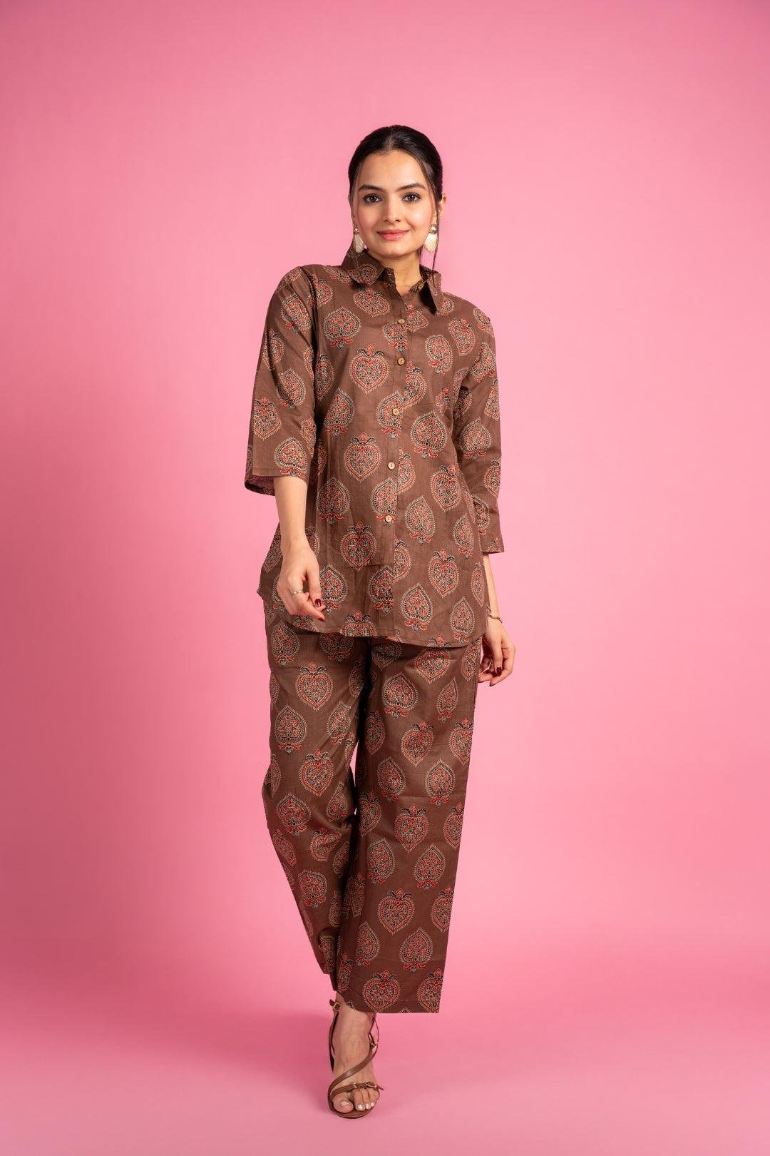 Ekisha's women brown beautiful multicolor floral printed cotton co-ord set lounge wear