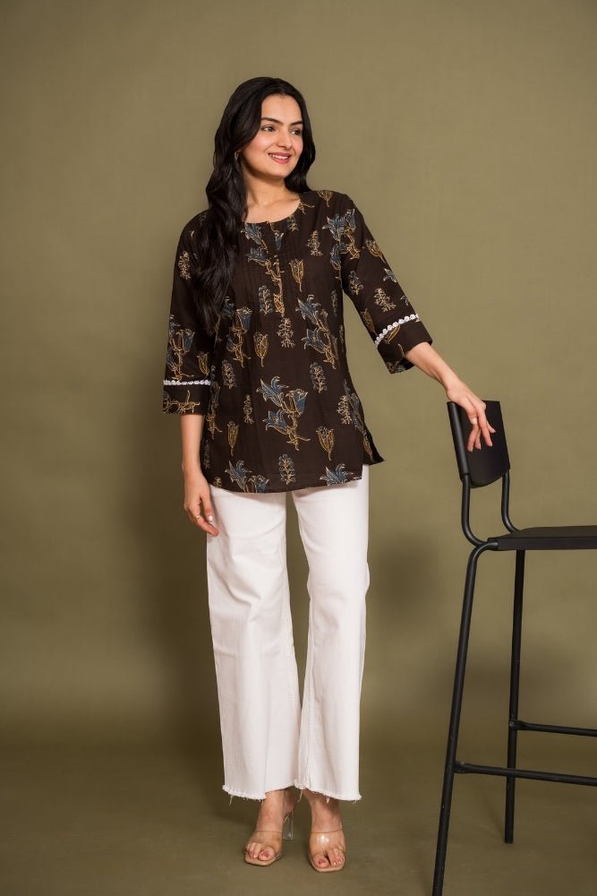 Ekisha's women brown floral printed designer cotton tunic top short kurti