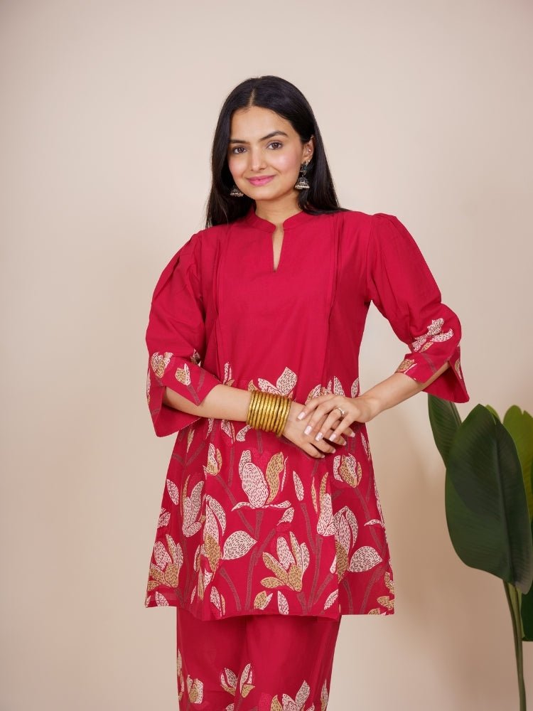 Ekisha's women dark red multicolor floral printed cotton co-ord set lounge wear