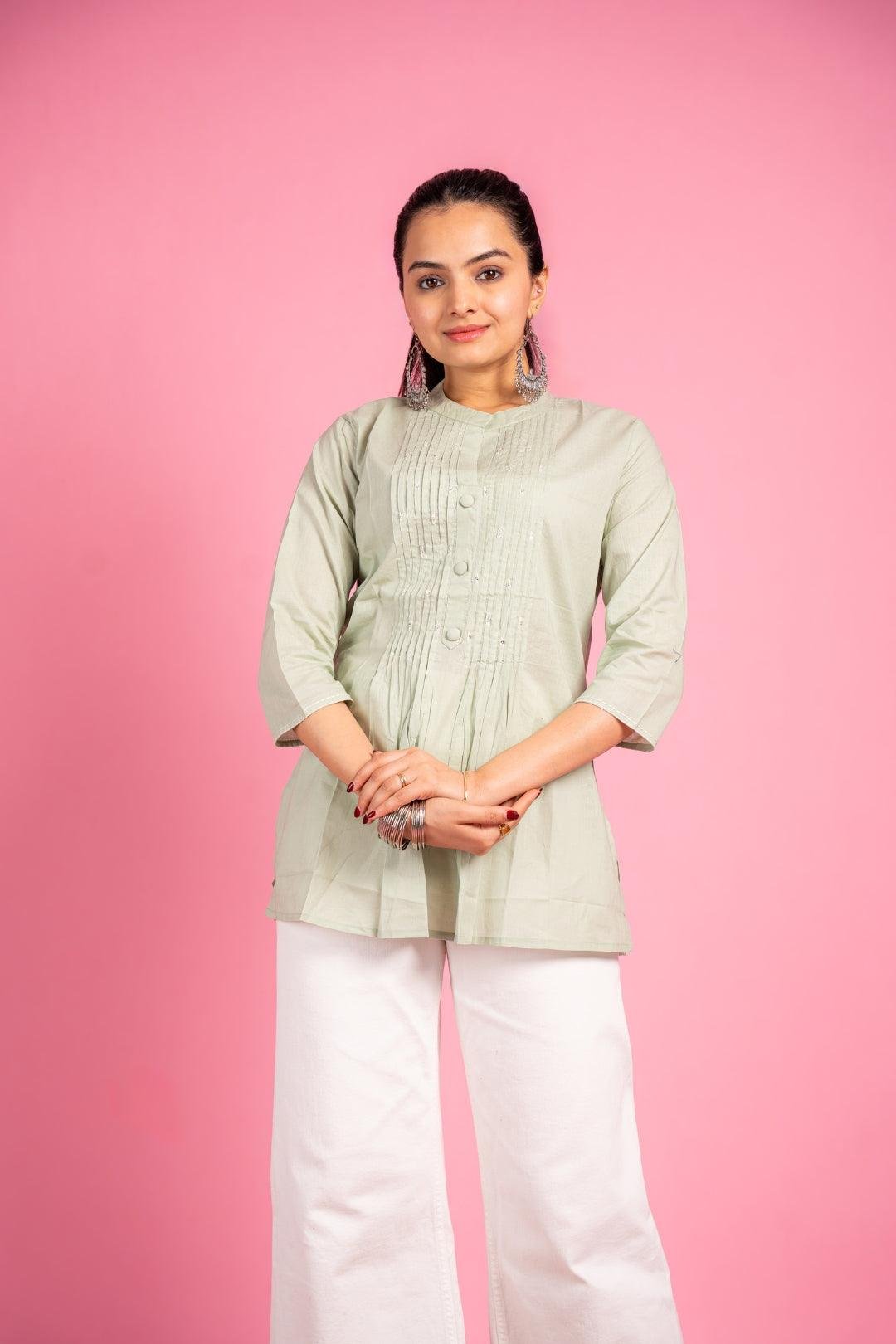 Pista Green Hand Work Cotton Tunic Top for Women | Short Kurti