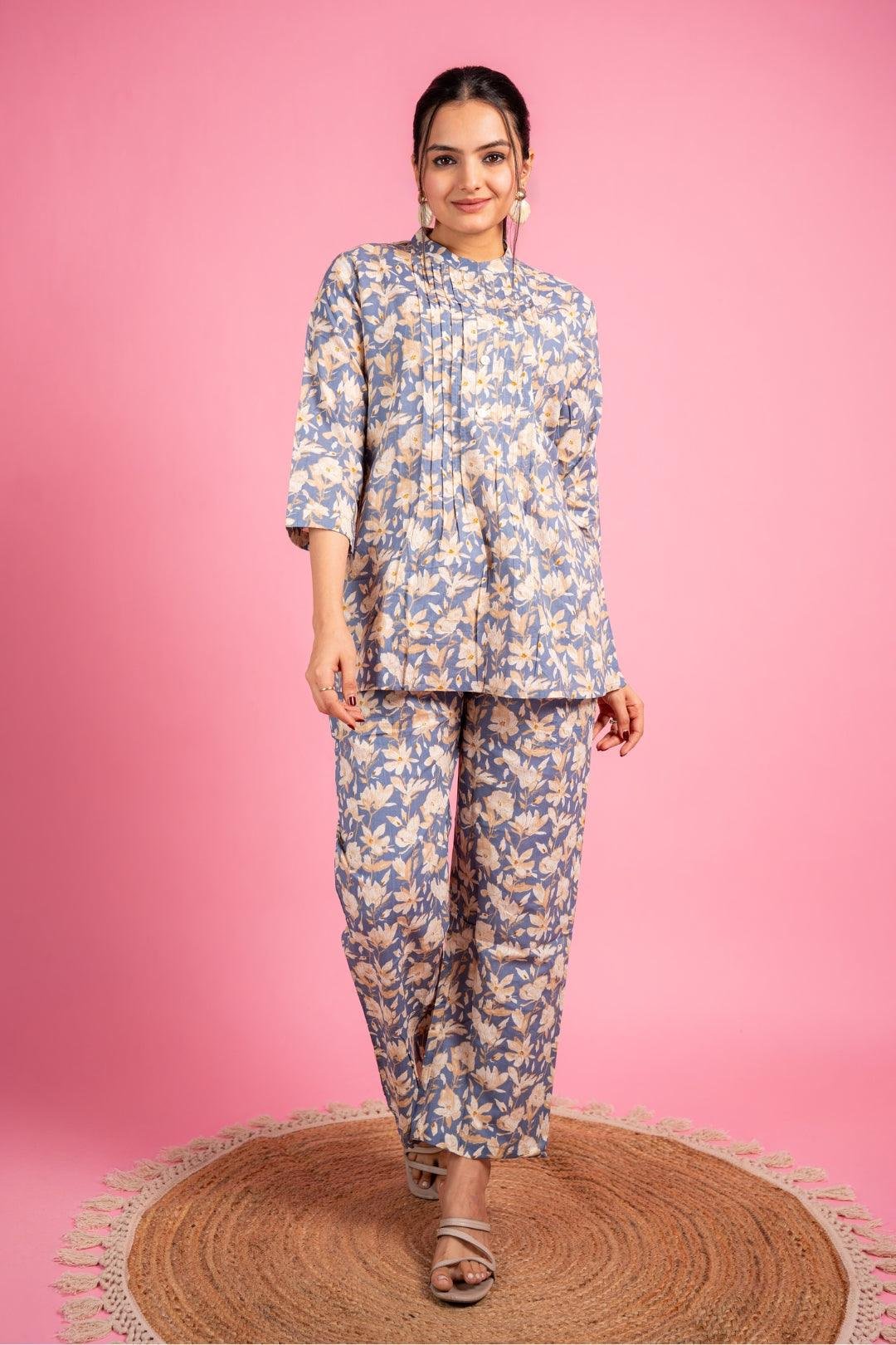 Ekisha's women grey multicolor floral printed cotton co-ord set lounge wear