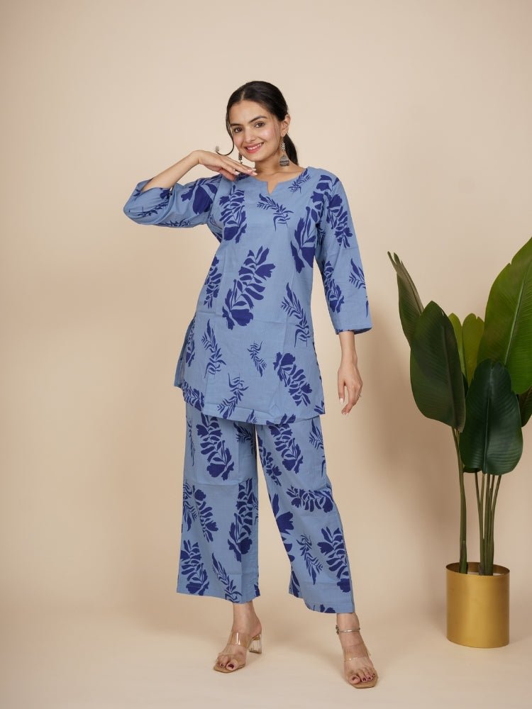 Light Blue Floral Cotton Coord Set for Women | Lounge Wear
