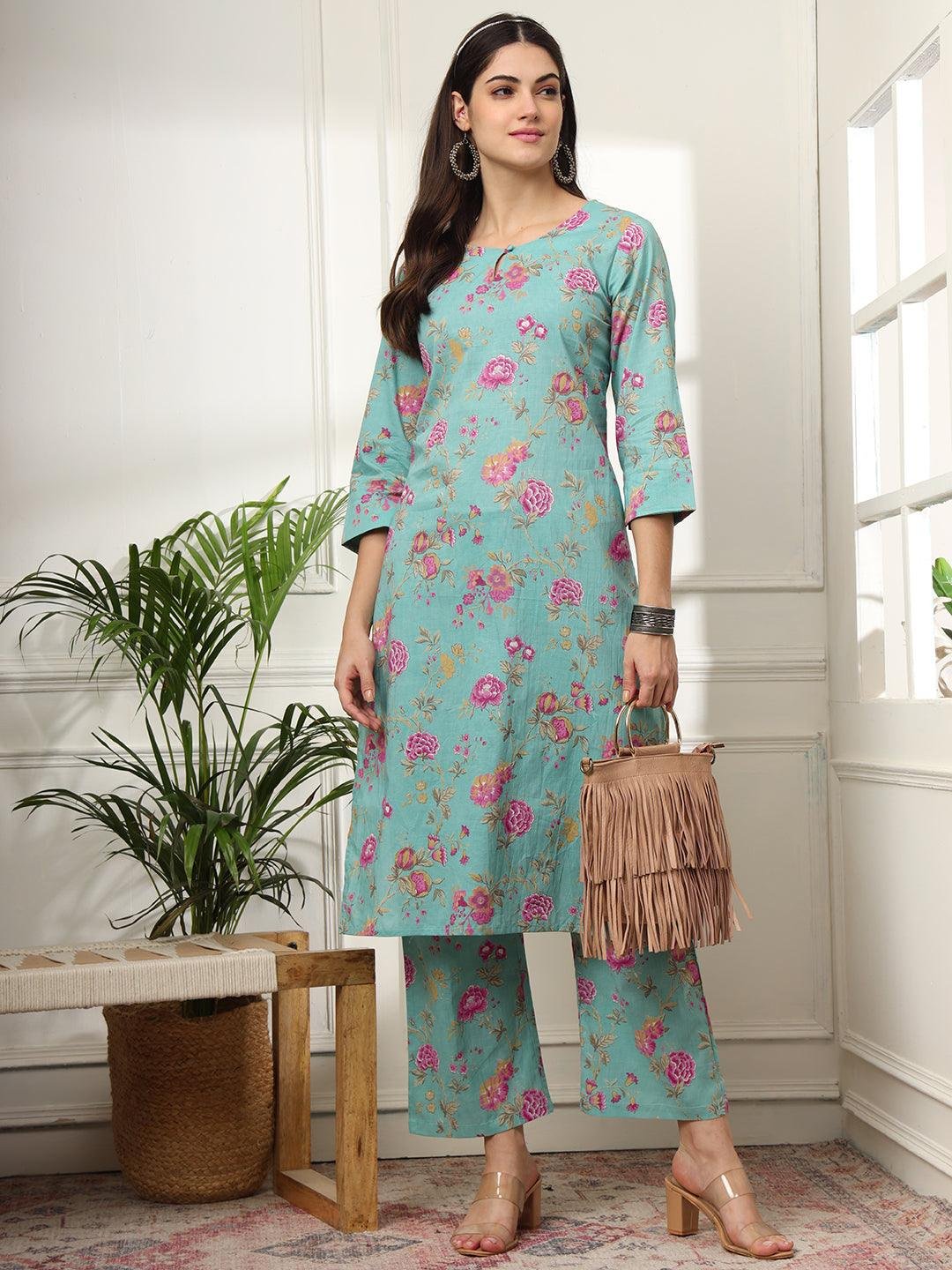 Ekisha's women light green multicolor floral printed cotton co-ord set kurta set