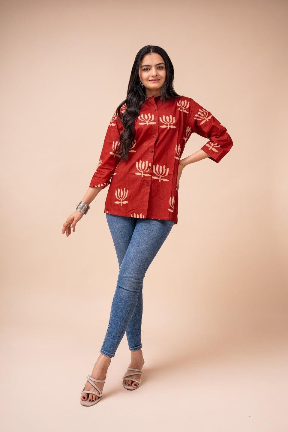 Maroon Designer Printed Cotton Tunic Top for Women | Short Kurti