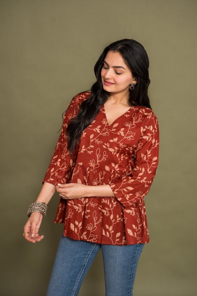 Ekisha's women maroon floral angrakha printed cotton tunic top short kurti