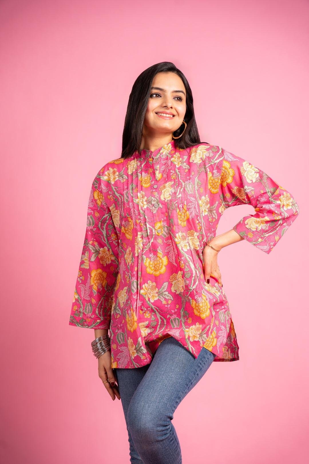 Ekisha's women pink designer floral printed cotton tunic top short kurti