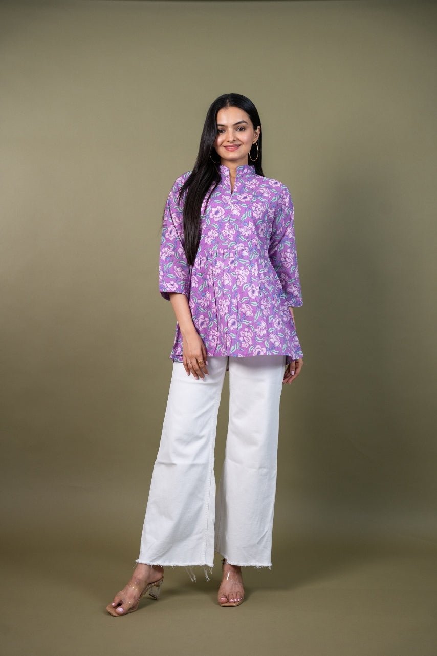 Purple Multicolour Floral Cotton Tunic Top for Women | Short Kurti