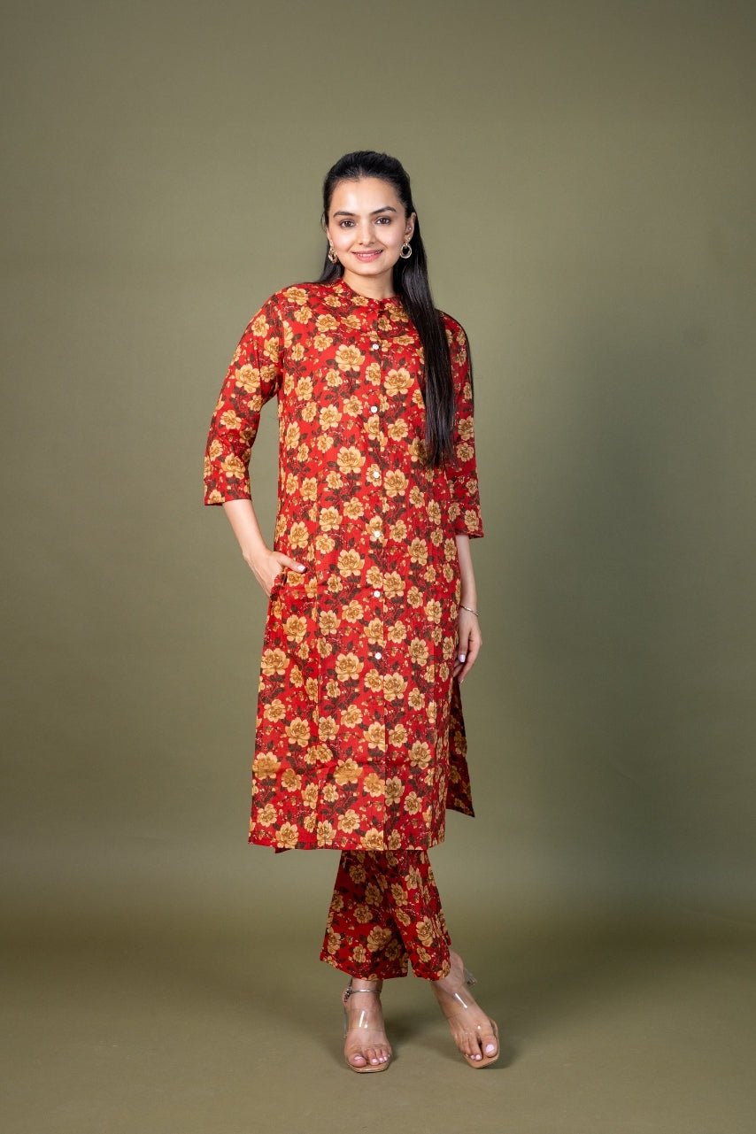 Red Floral Cotton Coord Set for Women | Lounge Wear