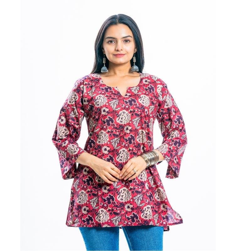 Red Multicolour Printed Cotton Tunic Top for Women | Short Kurti