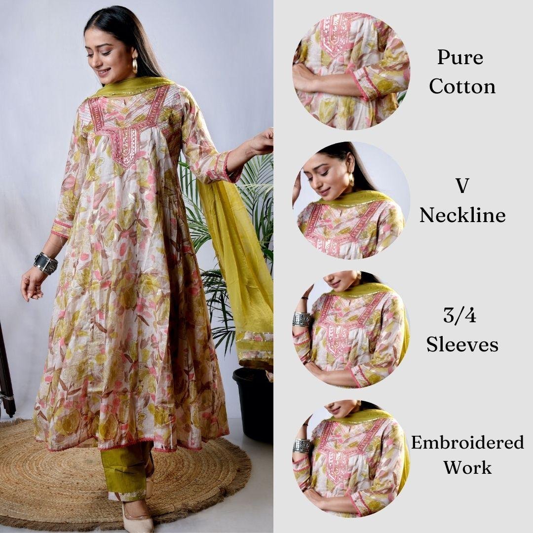 Ekisha's women printed mehandi embroidered cotton kurta and pant set with dupatta