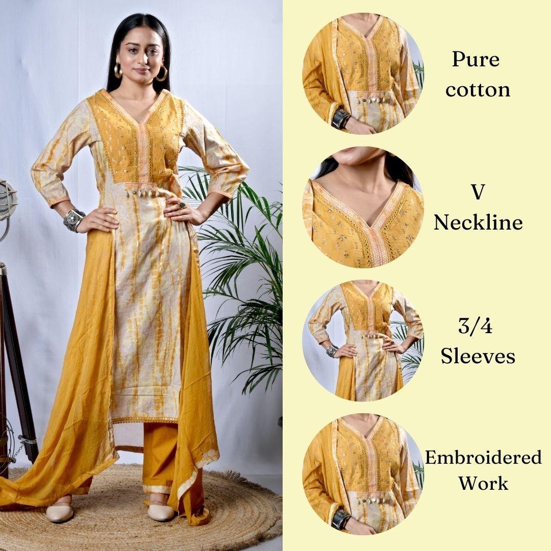 Ekisha's women printed mustard designer cotton kurta and pant set with dupatta