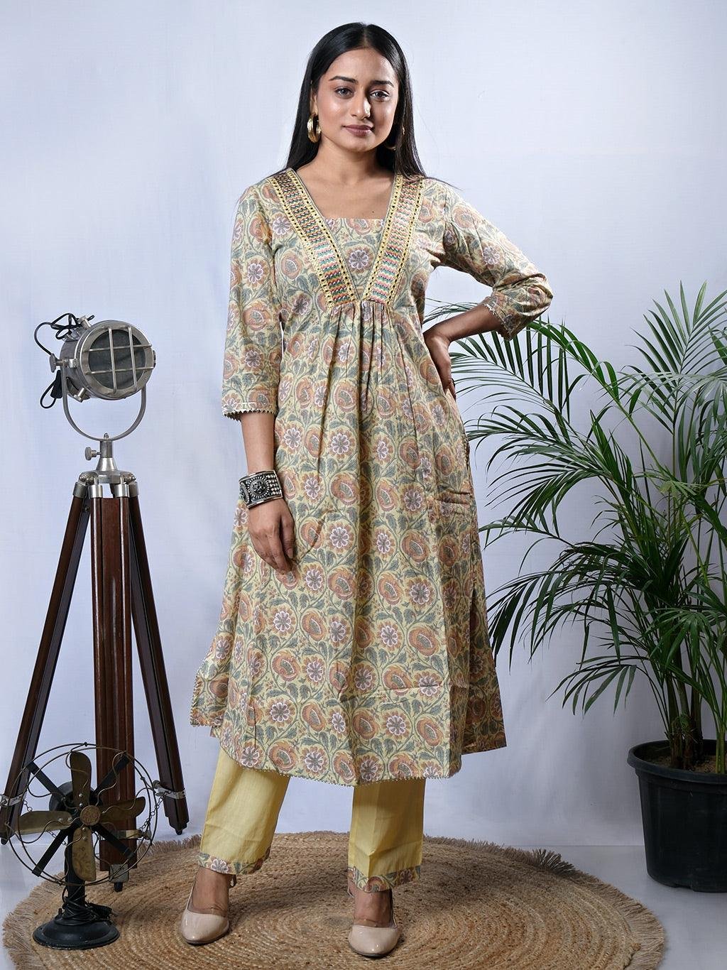 Ekisha's women printed mustard yellow cotton kurta and pant set