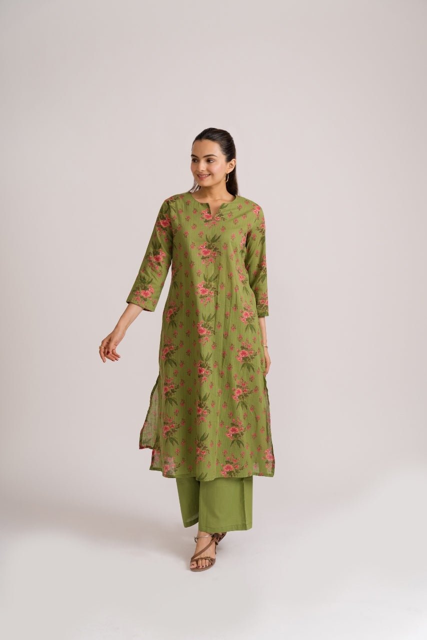 Olive Green Floral Print Cotton Coord Set