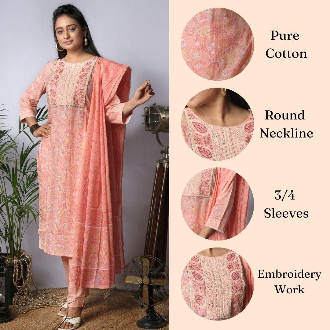 Ekisha's women printed peach embroidered cotton kurta and pant set with dupatta