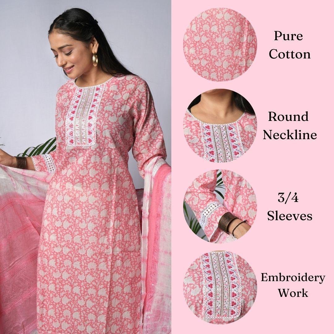Ekisha's women printed pink designer cotton kurta and pant set with dupatta