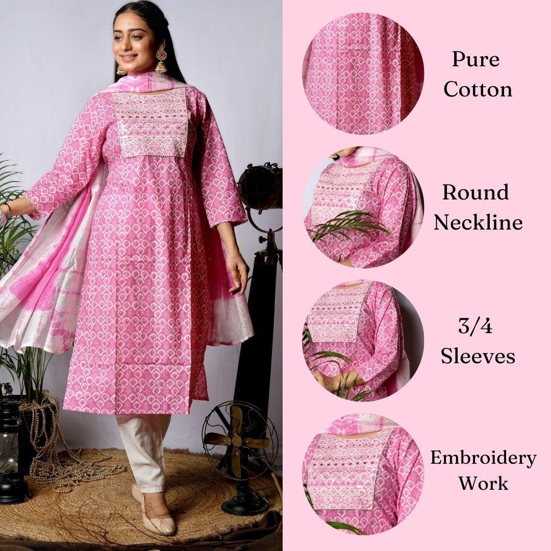 Ekisha's women printed pink embroidered cotton kurta and pant set with dupatta