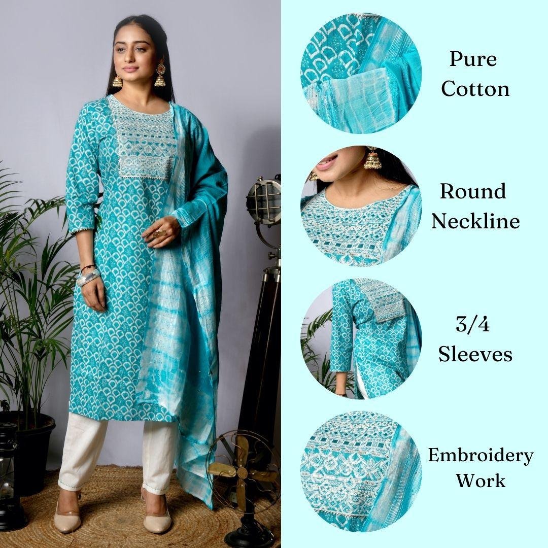 Ekisha's women printed rama embroidered cotton kurta and pant set with dupatta