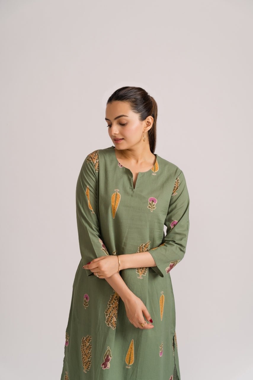 Sage Green Botanical Block Print Cotton Kurti