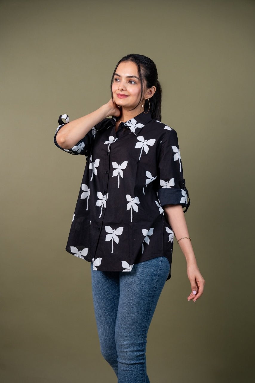 Ekisha Women cotton black printed relaxed fit shirt
