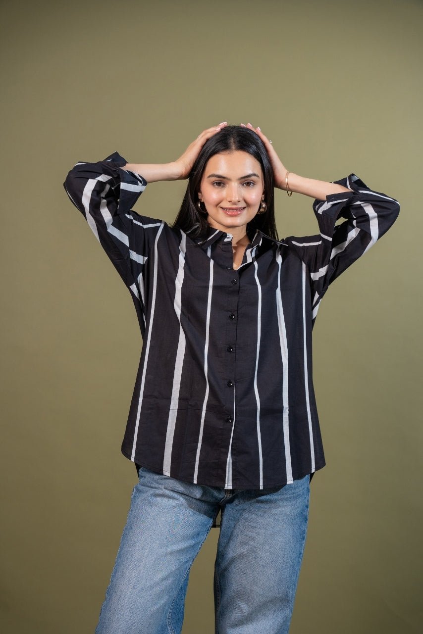 Black & White Striped Cotton Shirt for Women | Relaxed Fit