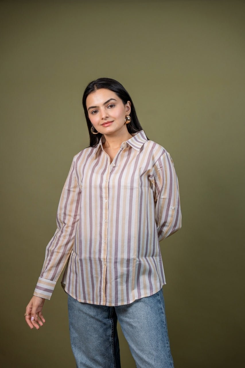 Ekisha Women cotton white brown stripes relaxed fit shirt