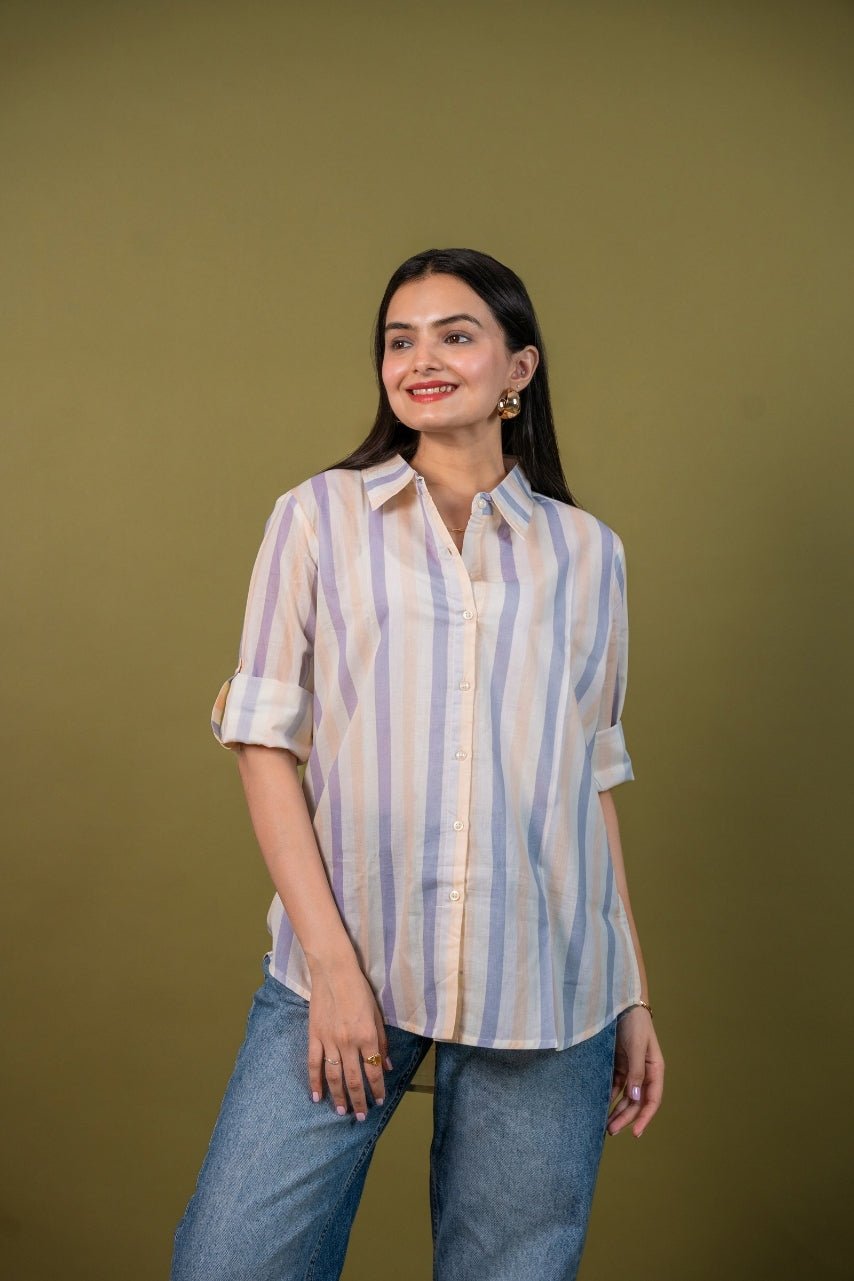 Ekisha Women cotton white multicolor stripes relaxed fit shirt