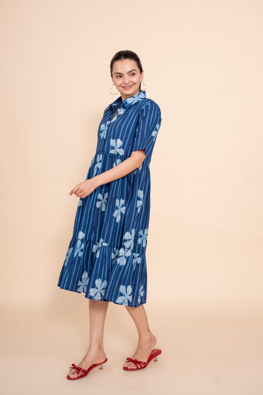 Women printed blue floral designer pure cotton midi dress