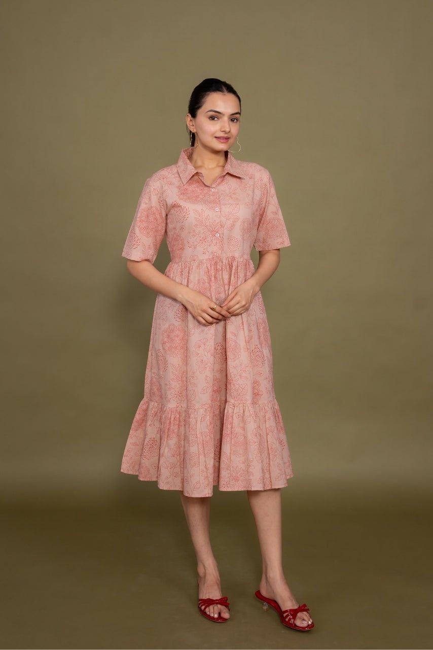 Women printed pink floral designer pure cotton midi dress