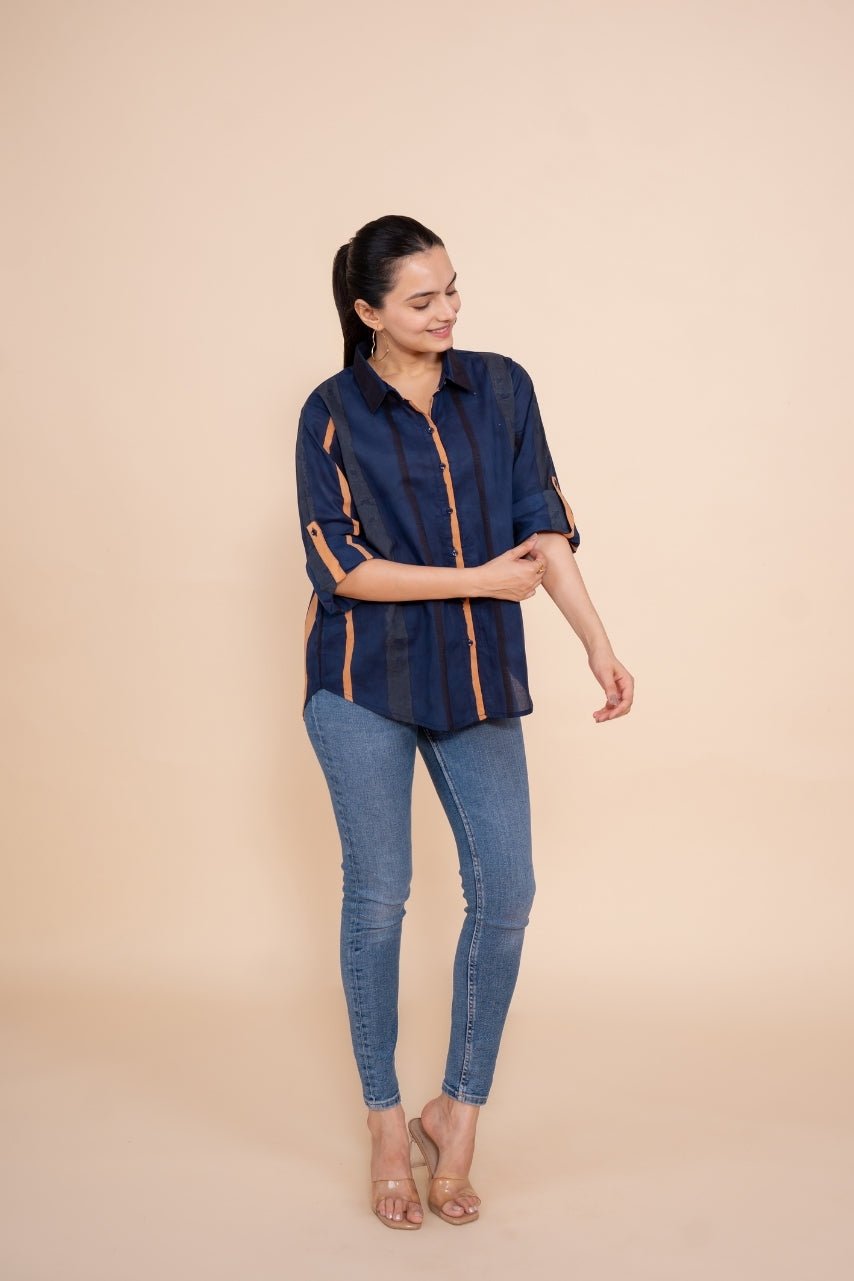 Women Pure Cotton Multicolor stripes printed relaxed fit shirt