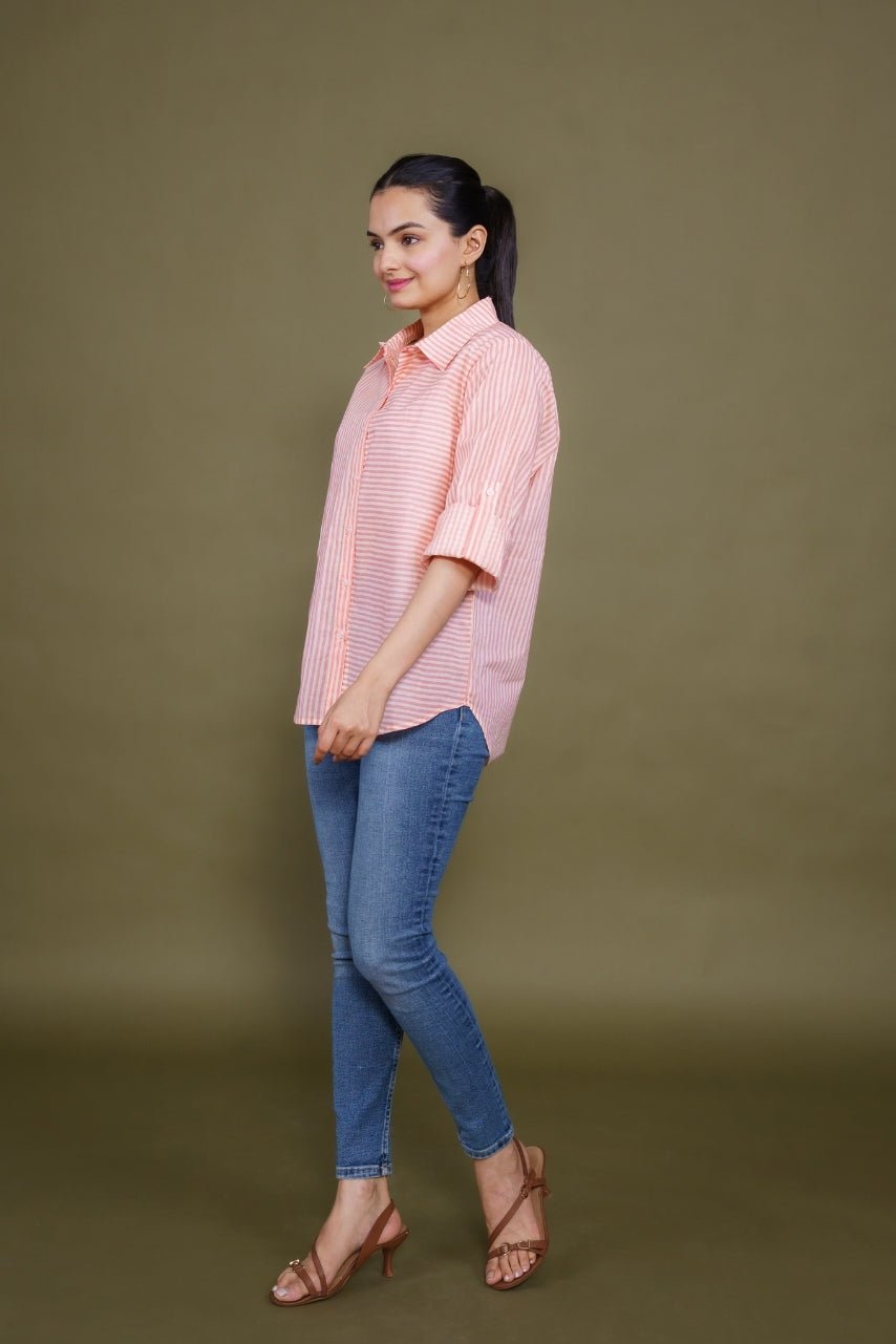 Women Pure Cotton white pink stripes printed relaxed fit shirt