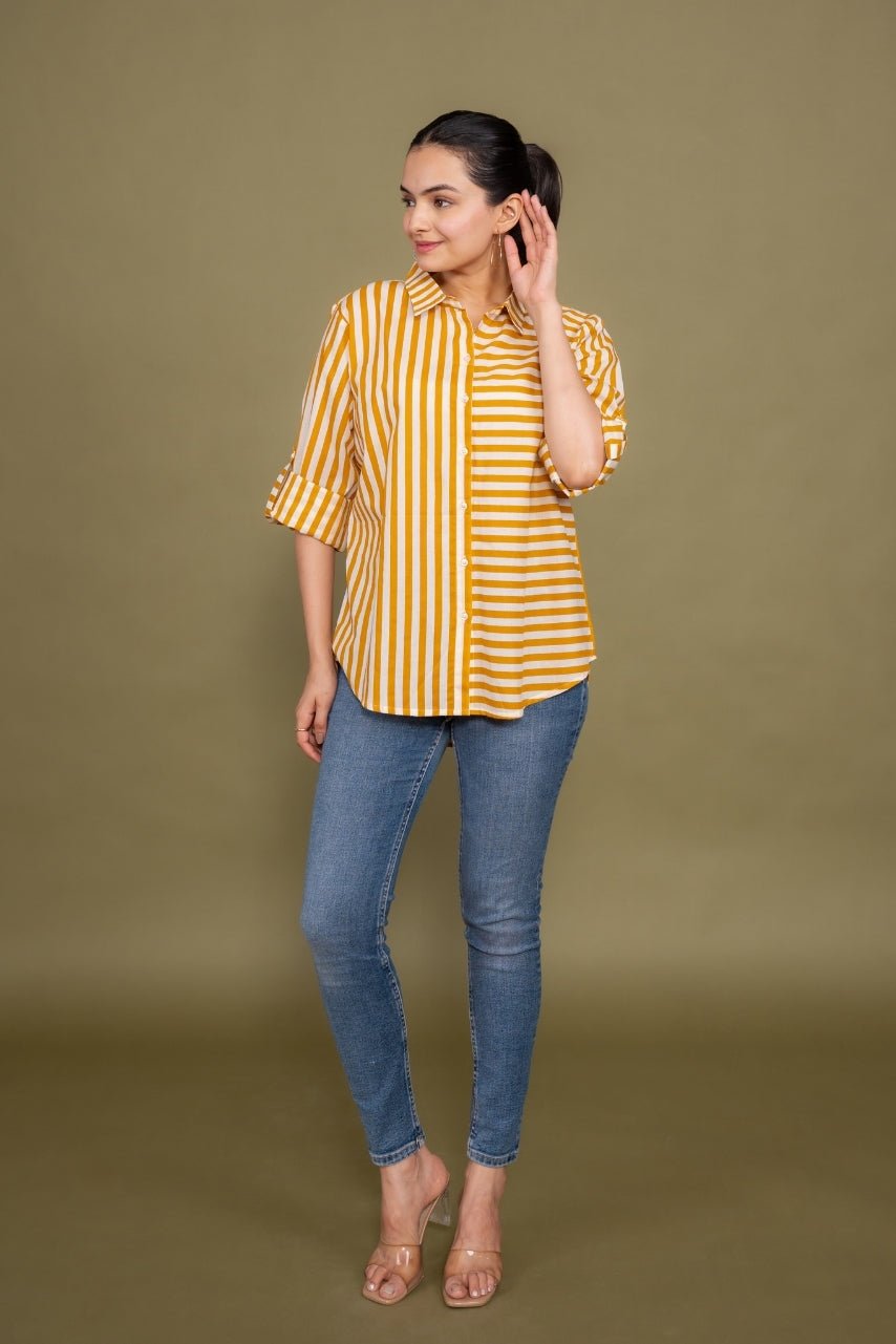 Women Pure Cotton yellow white stripes printed relaxed fit shirt