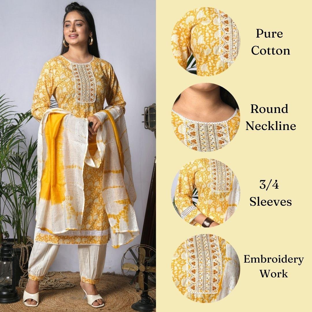 Ekisha's women printed yellow designer cotton kurta and pant set with dupatta
