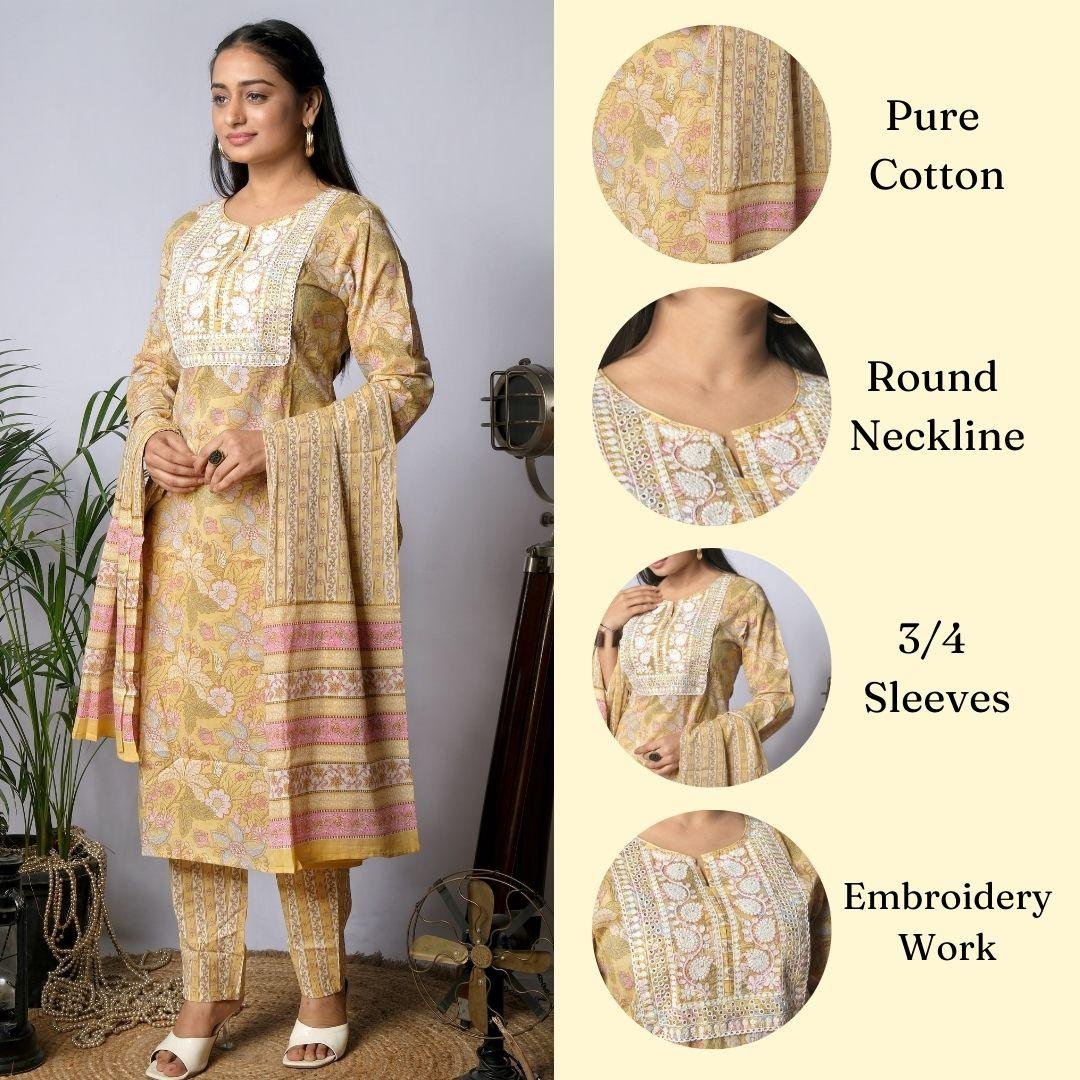 Ekisha's women printed yellow embroidered cotton kurta and pant set with dupatta