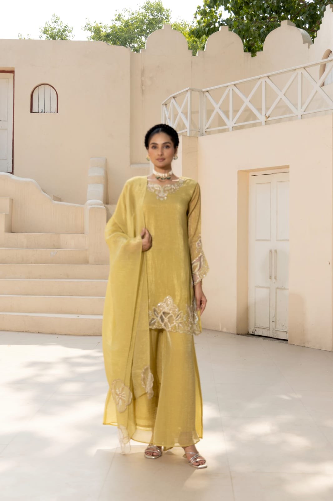 Golden Aura Shimmer Crush Tissue Suit Set
